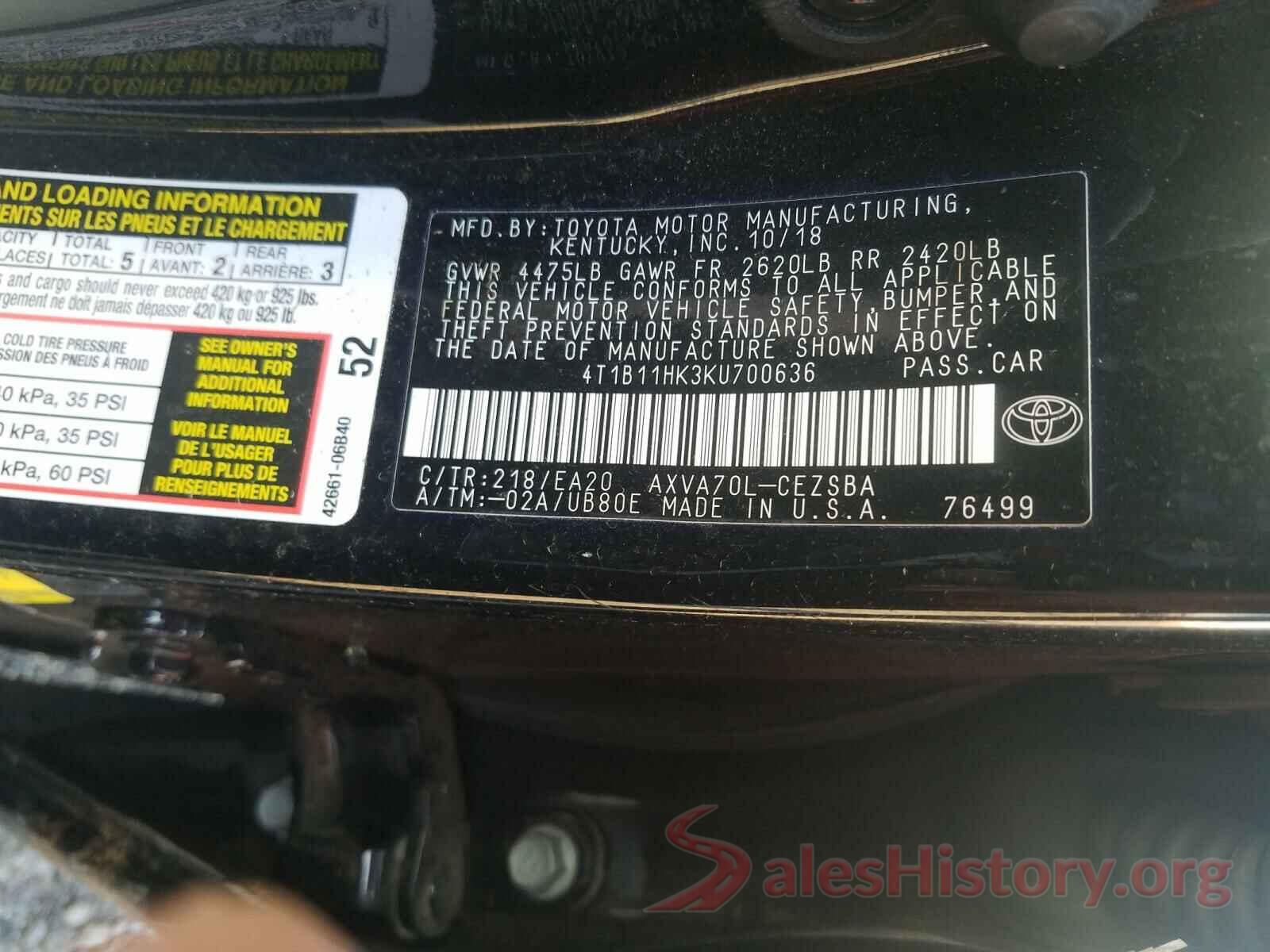 4T1B11HK3KU700636 2019 TOYOTA CAMRY