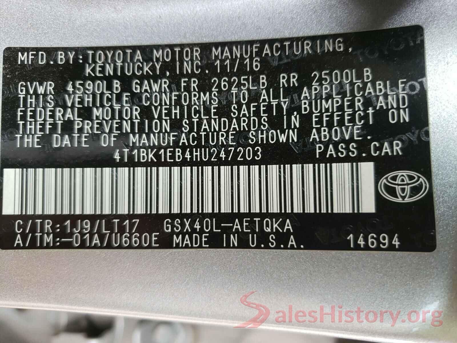 4T1BK1EB4HU247203 2017 TOYOTA AVALON