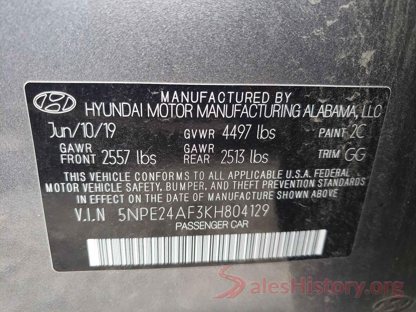 5NPE24AF3KH804129 2019 HYUNDAI SONATA