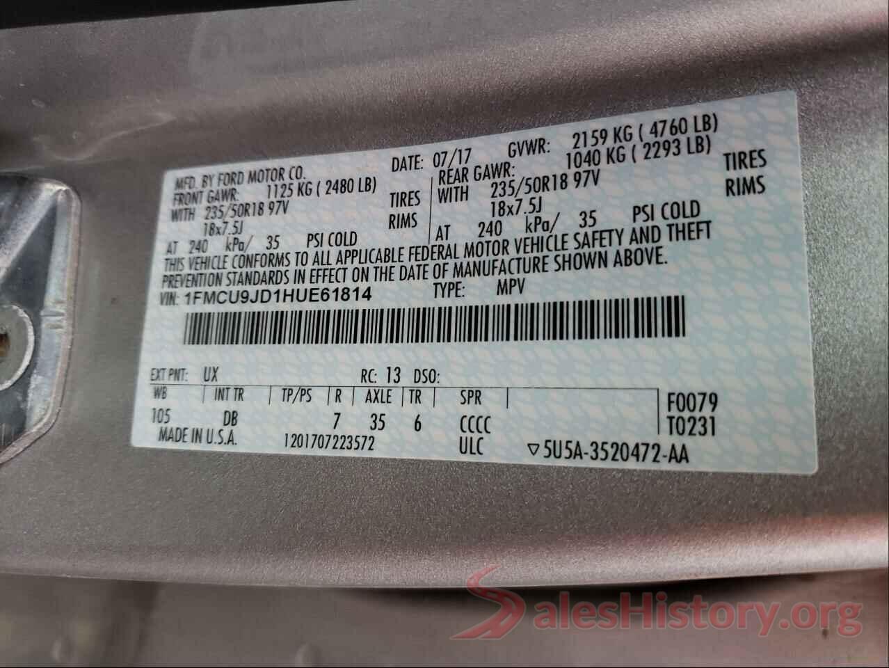 1FMCU9JD1HUE61814 2017 FORD ESCAPE