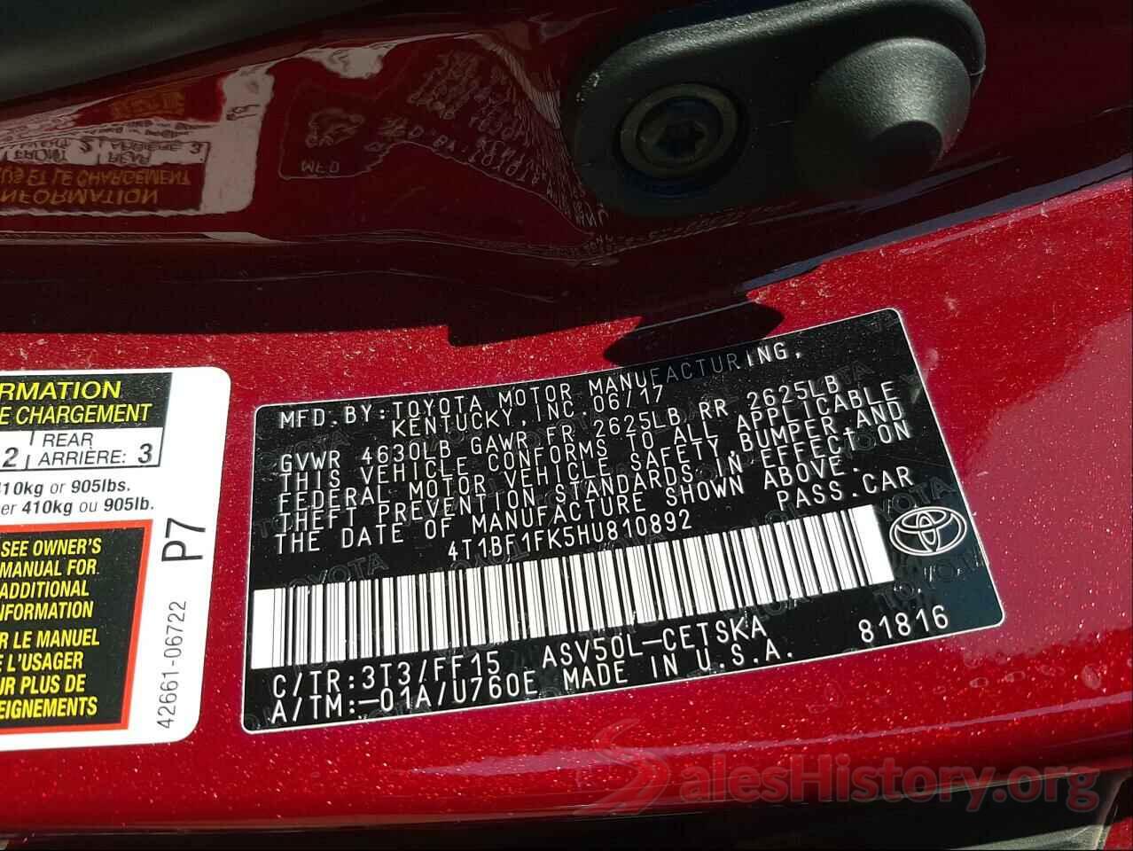 4T1BF1FK5HU810892 2017 TOYOTA CAMRY