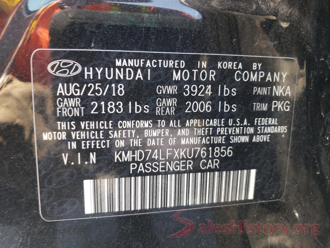 KMHD74LFXKU761856 2019 HYUNDAI ELANTRA