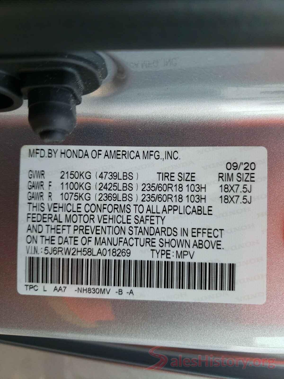 5J6RW2H58LA018269 2020 HONDA CRV