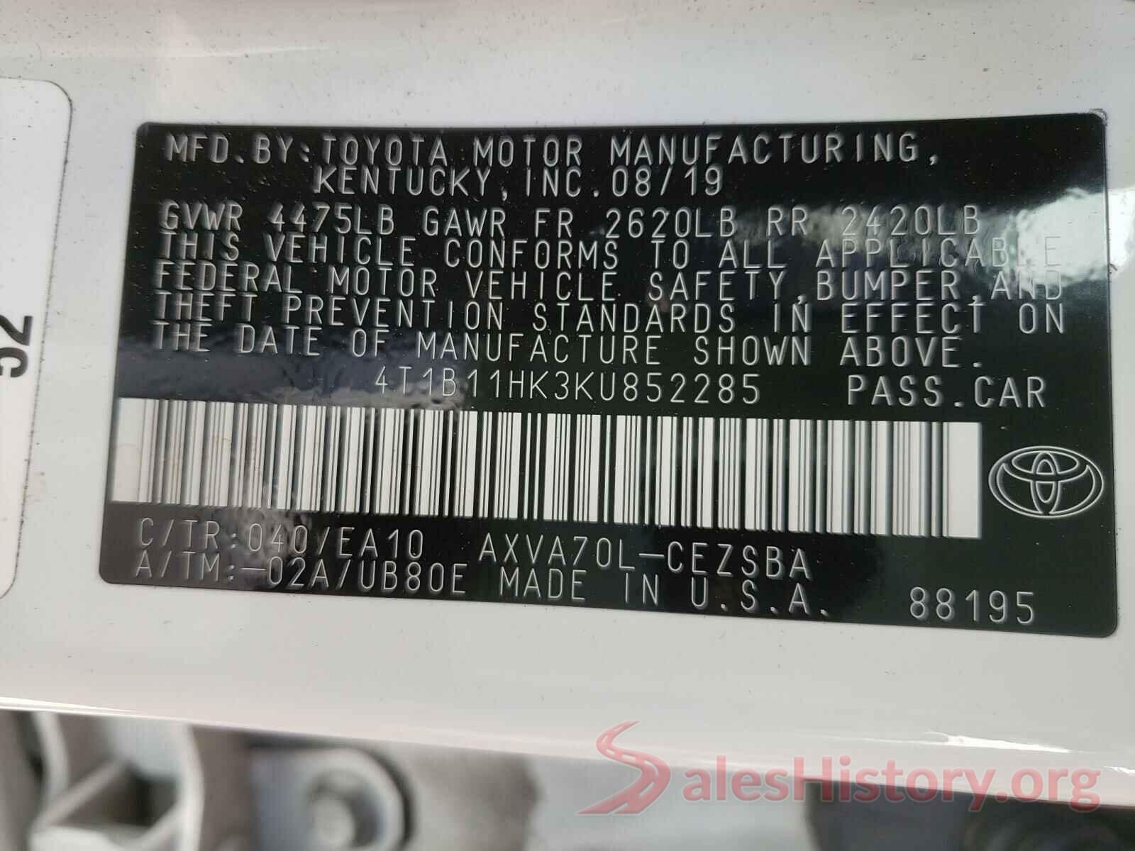 4T1B11HK3KU852285 2019 TOYOTA CAMRY