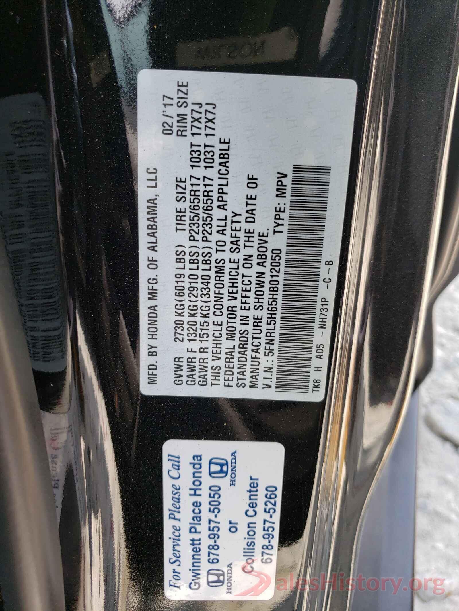 5FNRL5H65HB012050 2017 HONDA ODYSSEY