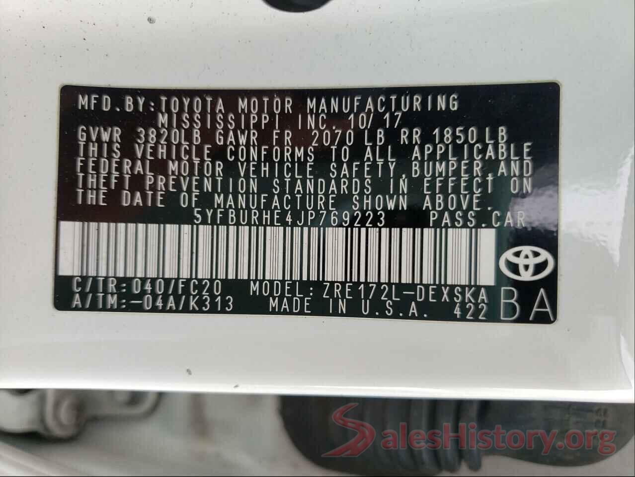 5YFBURHE4JP769223 2018 TOYOTA COROLLA