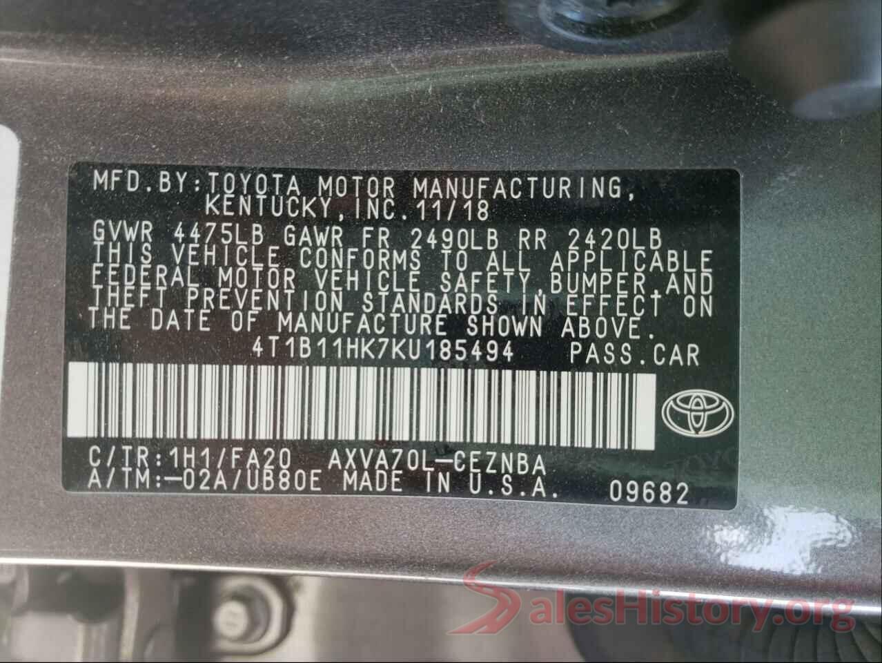 4T1B11HK7KU185494 2019 TOYOTA CAMRY