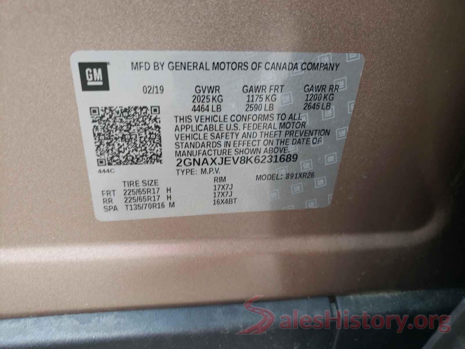 2GNAXJEV8K6231689 2019 CHEVROLET EQUINOX