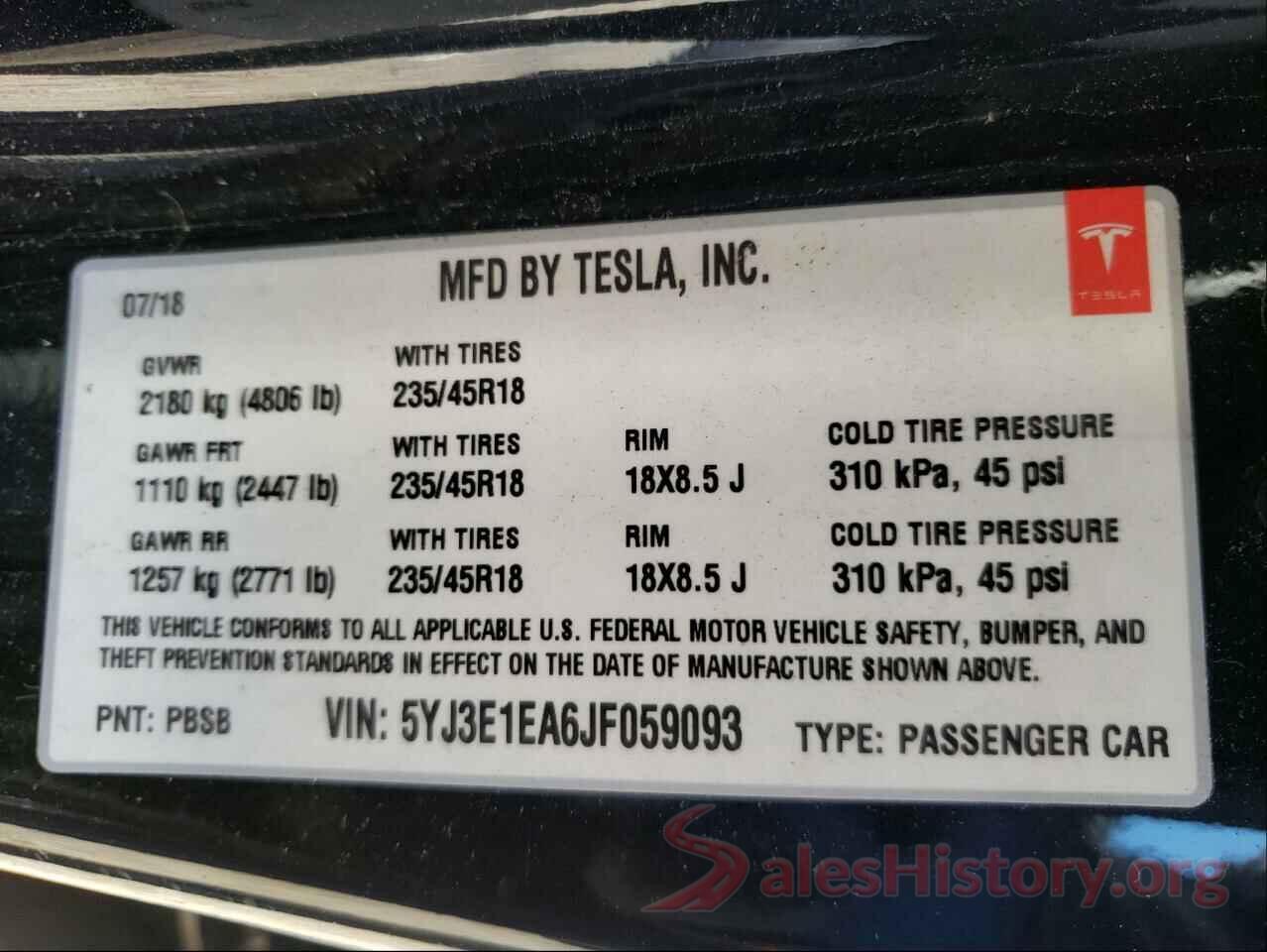 5YJ3E1EA6JF059093 2018 TESLA MODEL 3