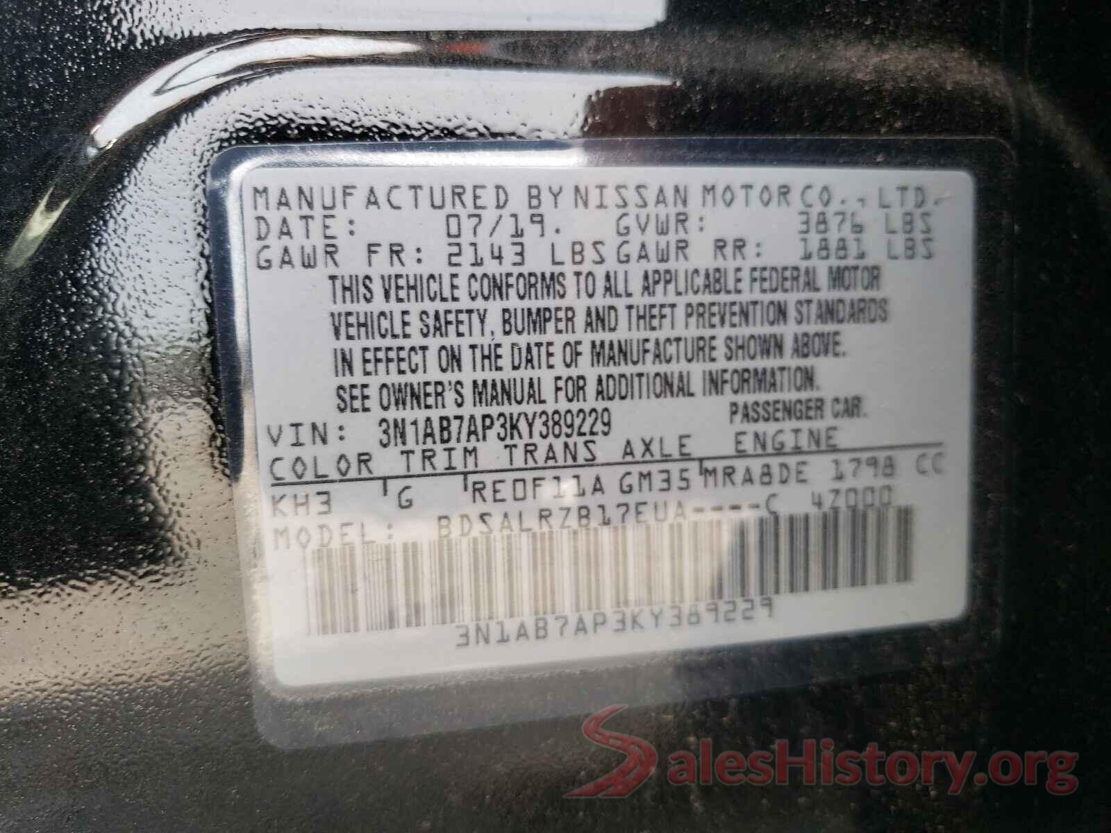 3N1AB7AP3KY389229 2019 NISSAN SENTRA