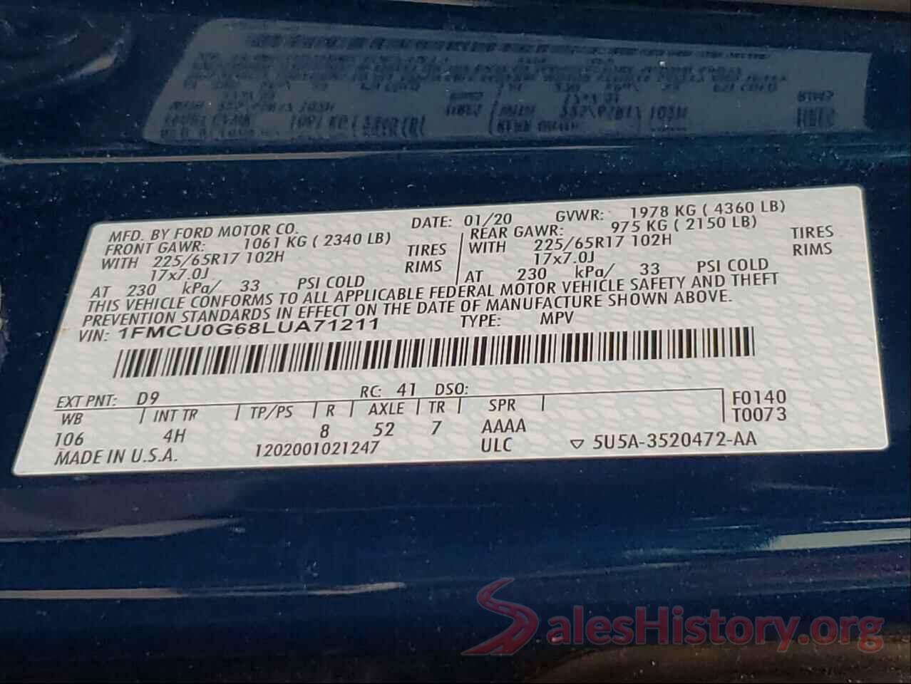 1FMCU0G68LUA71211 2020 FORD ESCAPE