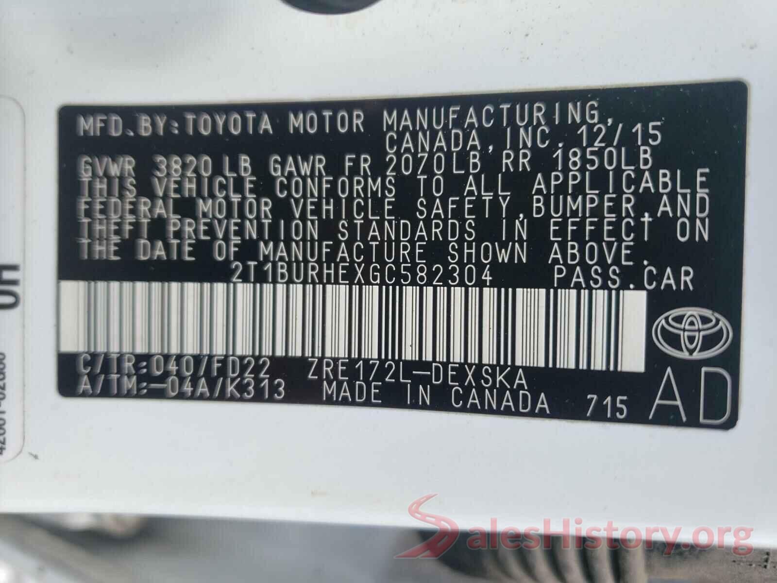 2T1BURHEXGC582304 2016 TOYOTA COROLLA