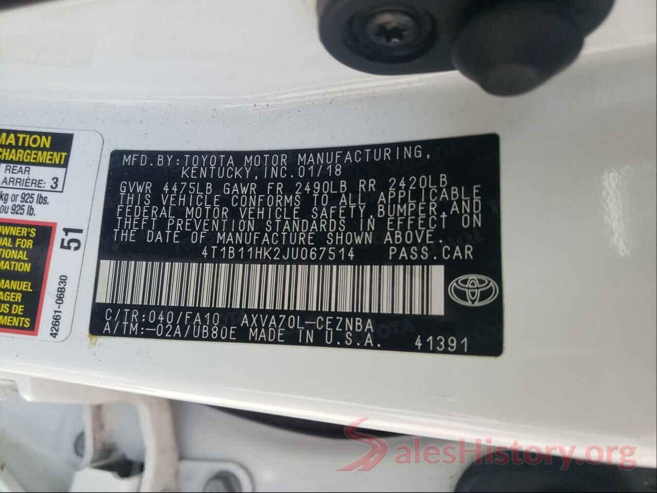 4T1B11HK2JU067514 2018 TOYOTA CAMRY