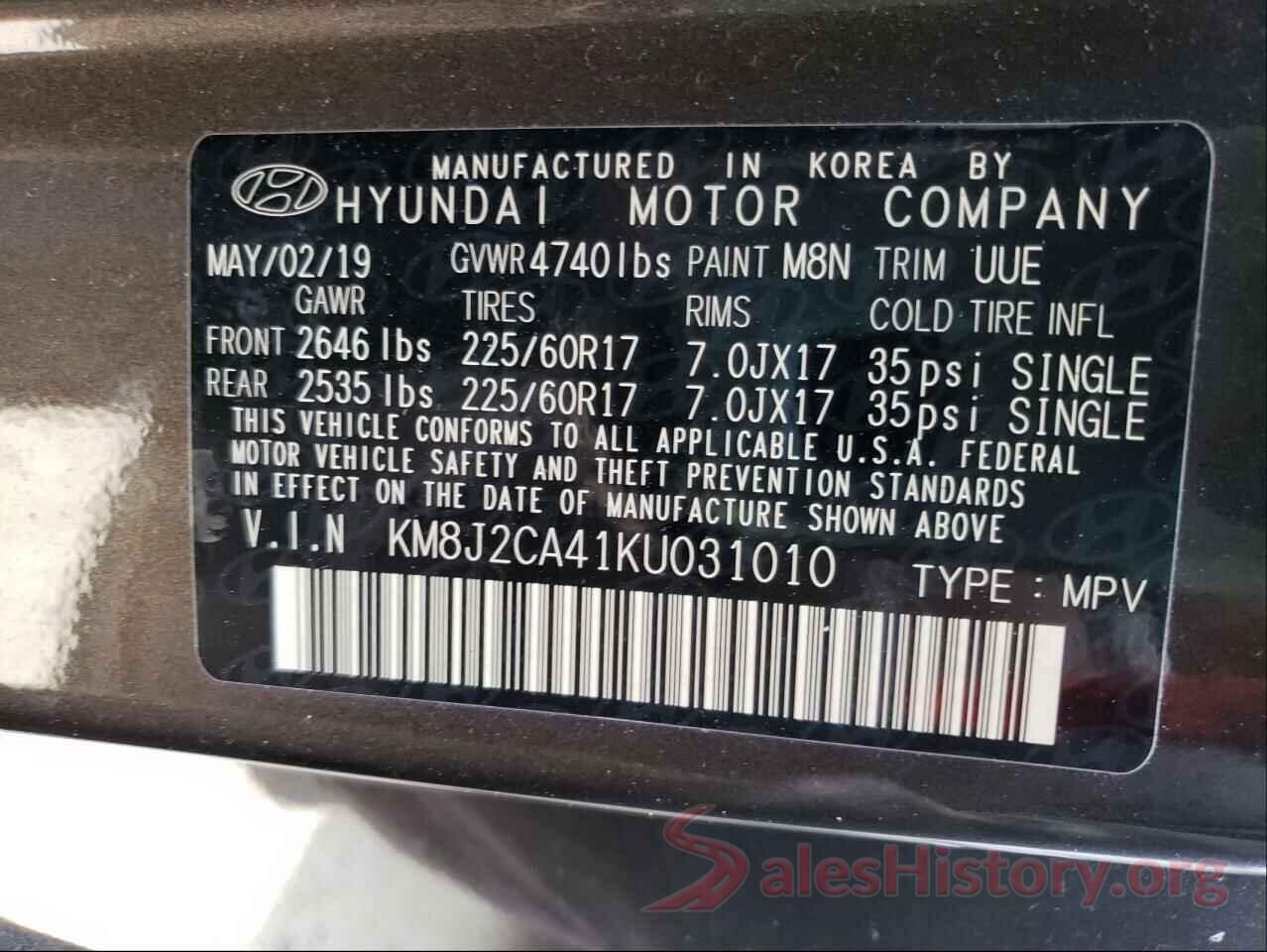 KM8J2CA41KU031010 2019 HYUNDAI TUCSON