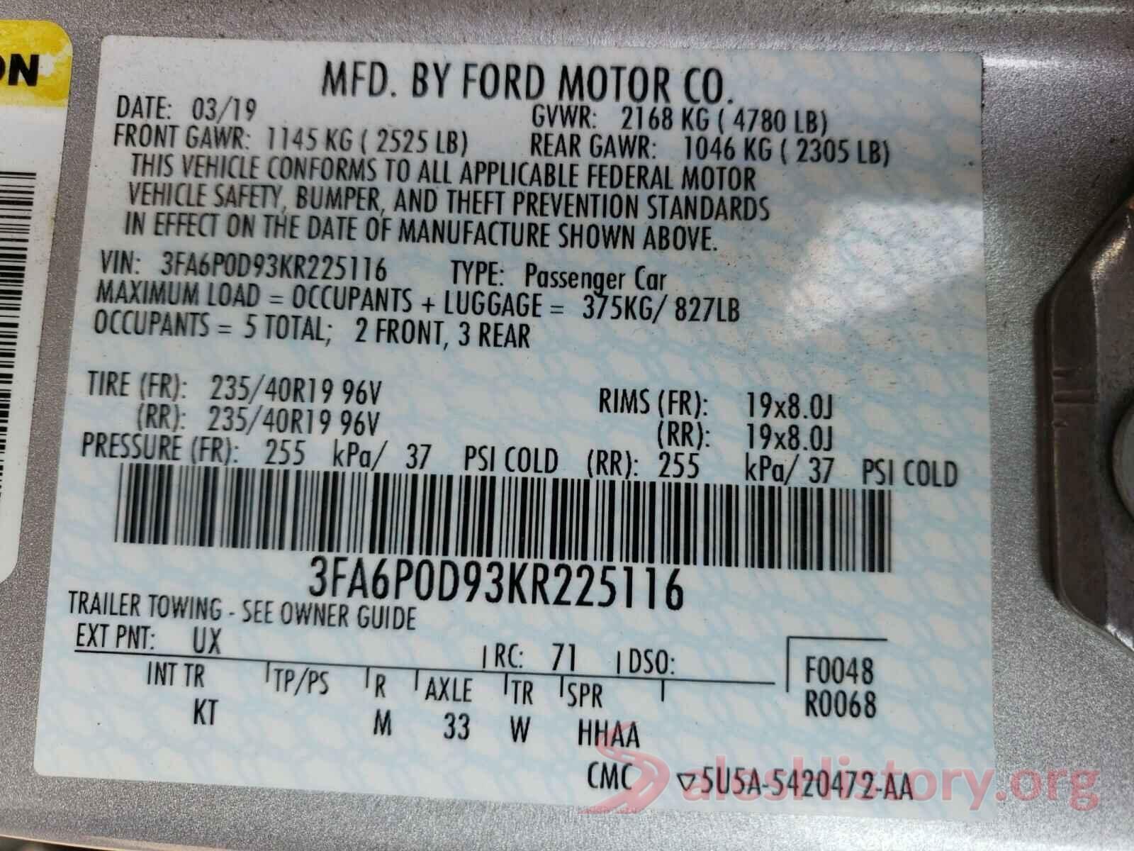 3FA6P0D93KR225116 2019 FORD FUSION