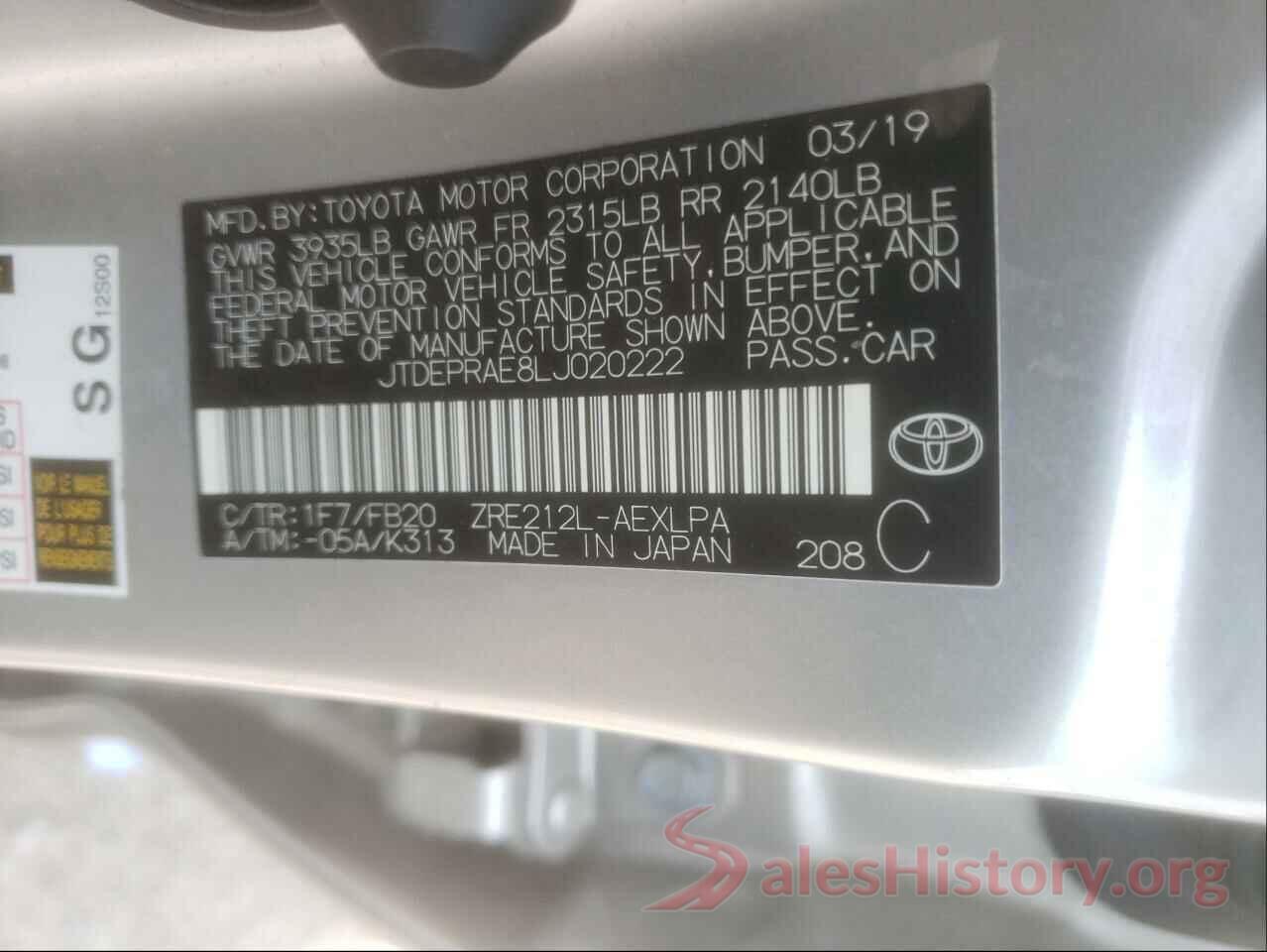 JTDEPRAE8LJ020222 2020 TOYOTA COROLLA