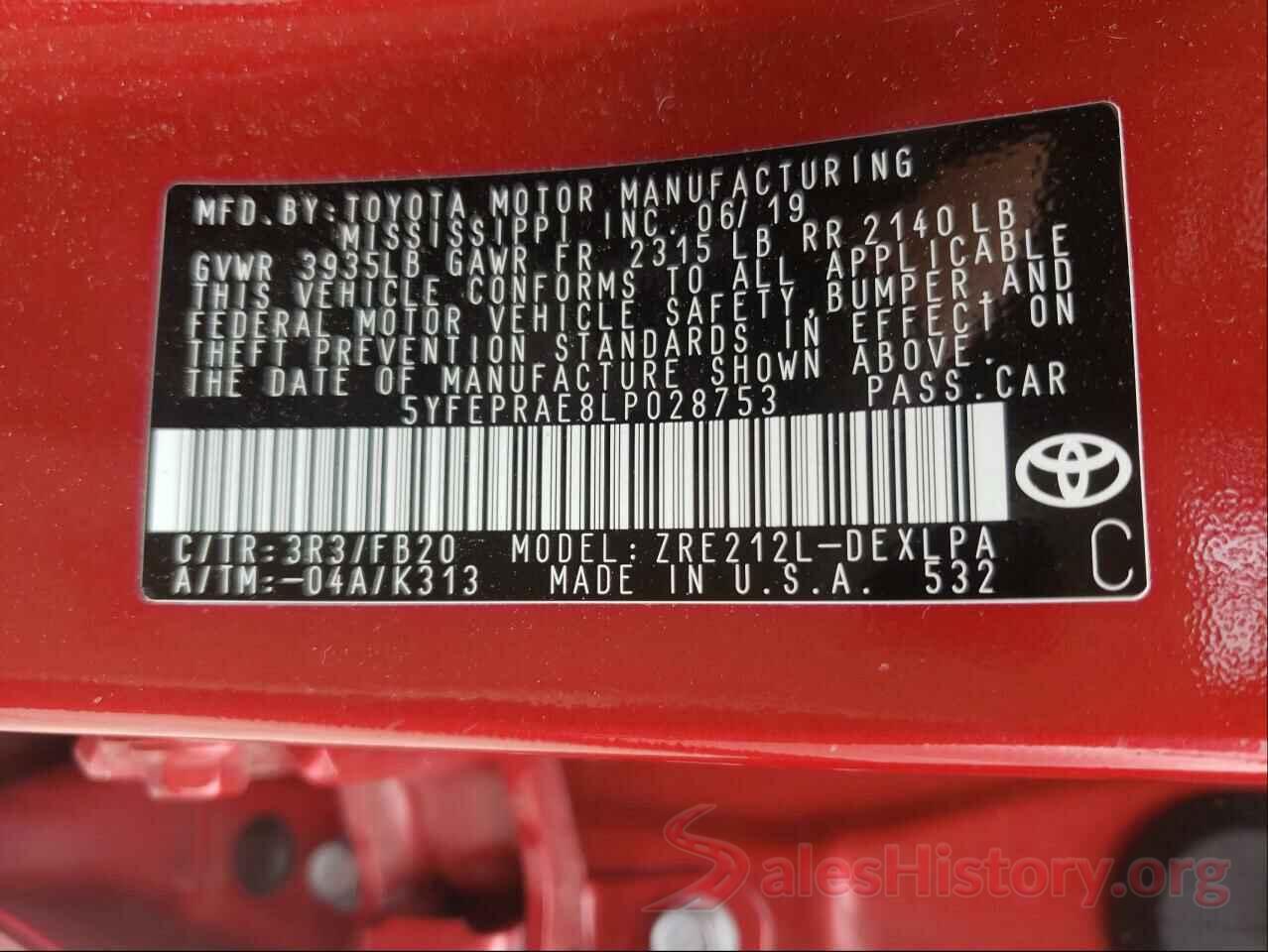 5YFEPRAE8LP028753 2020 TOYOTA COROLLA