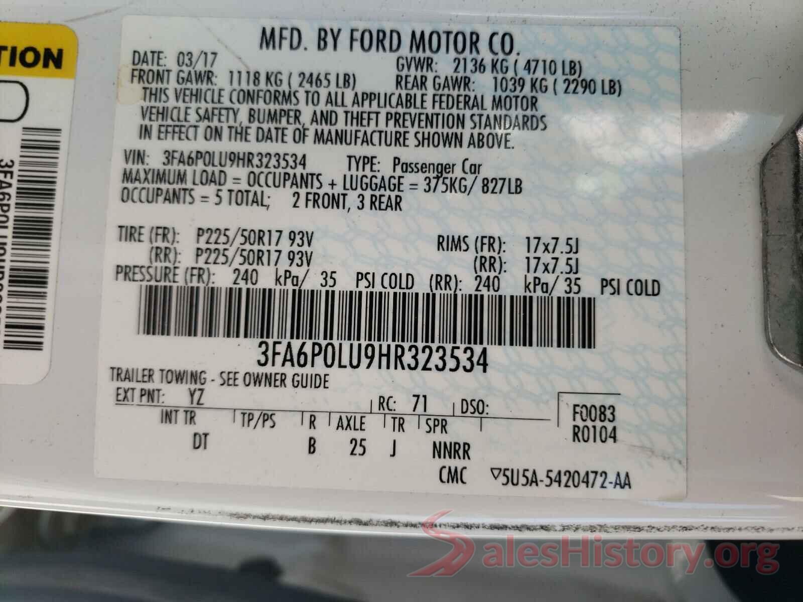 3FA6P0LU9HR323534 2017 FORD FUSION