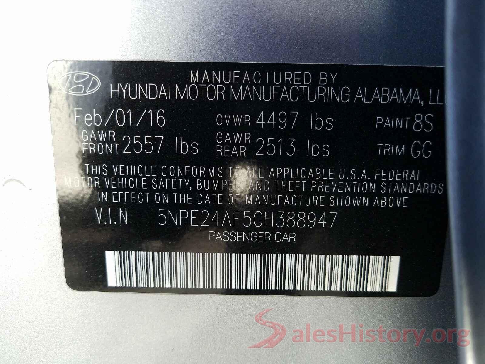 5NPE24AF5GH388947 2016 HYUNDAI SONATA