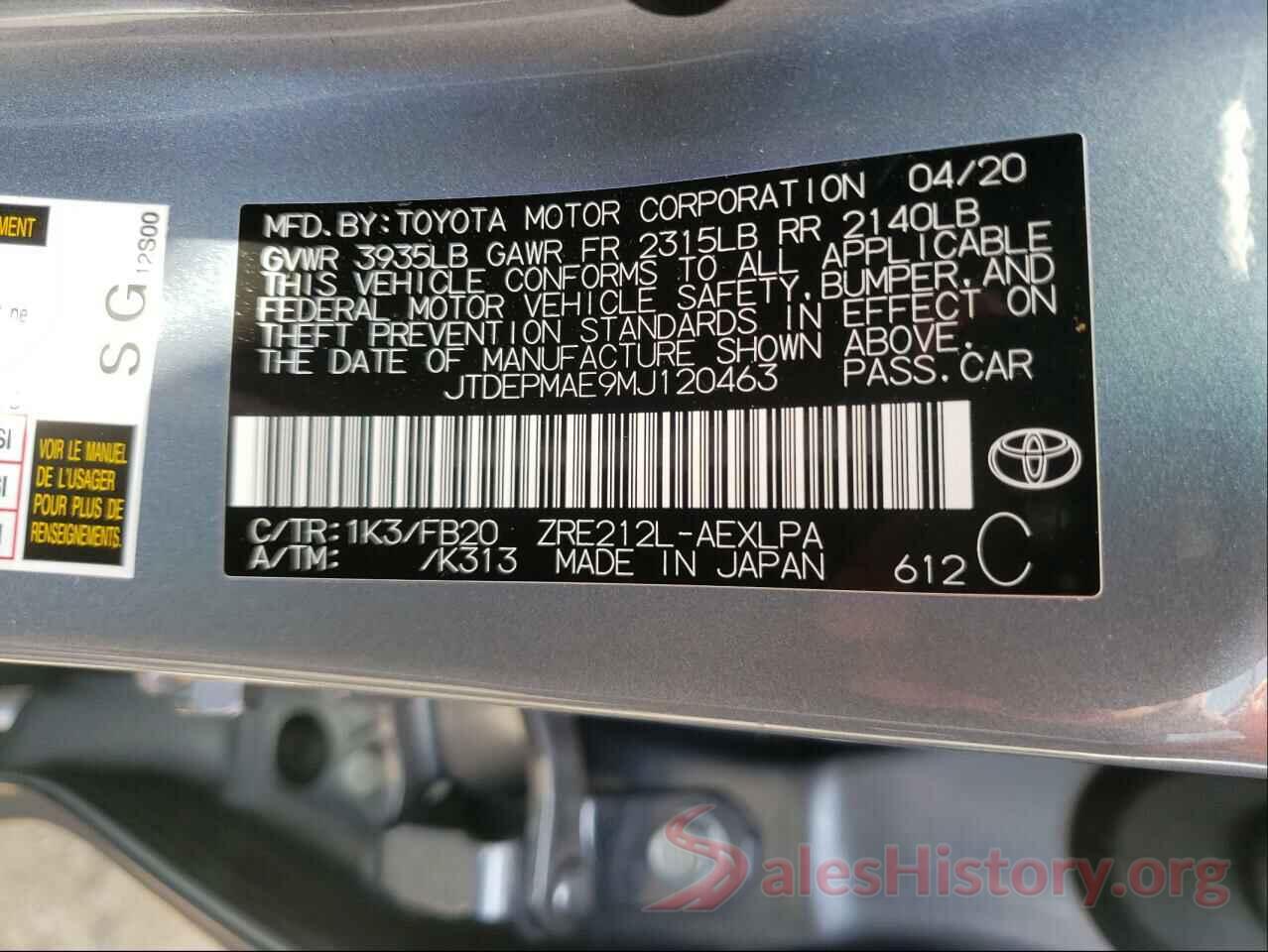 JTDEPMAE9MJ120463 2021 TOYOTA COROLLA