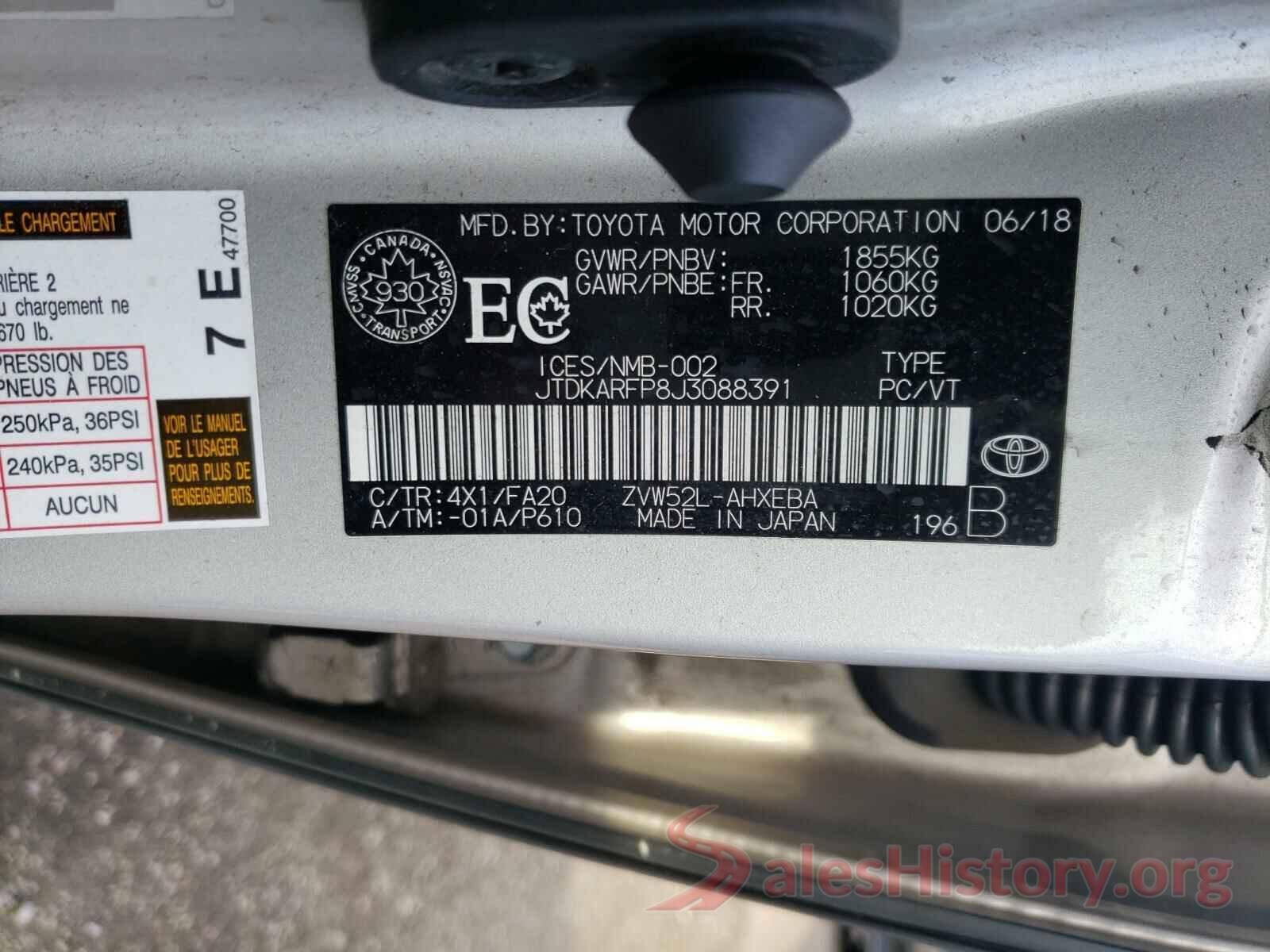 JTDKARFP8J3088391 2018 TOYOTA PRIUS