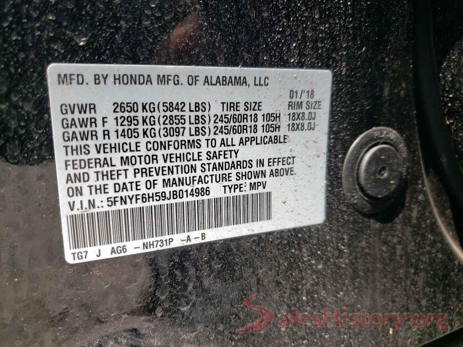 5FNYF6H59JB014986 2018 HONDA PILOT