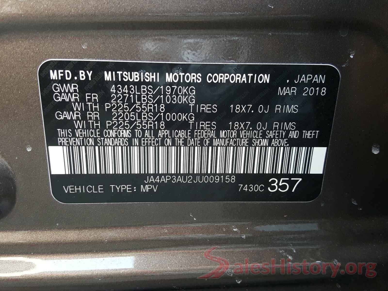 JA4AP3AU2JU009158 2018 MITSUBISHI OUTLANDER