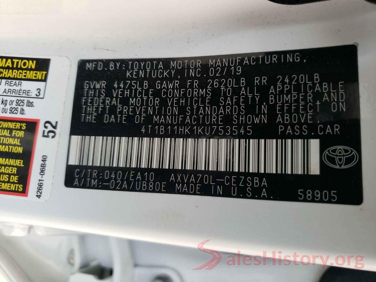 4T1B11HK1KU753545 2019 TOYOTA CAMRY