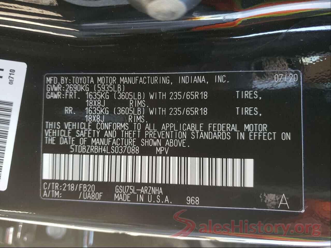 5TDBZRBH4LS037088 2020 TOYOTA HIGHLANDER