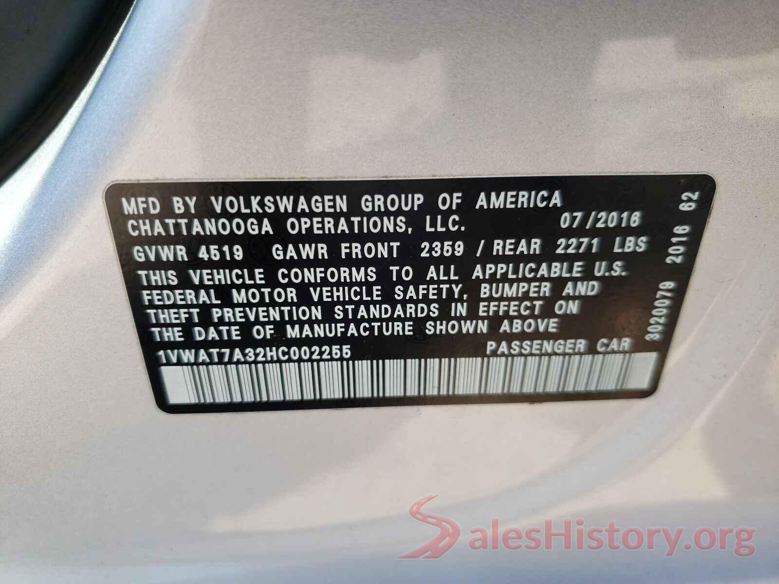 1VWAT7A32HC002255 2017 VOLKSWAGEN PASSAT