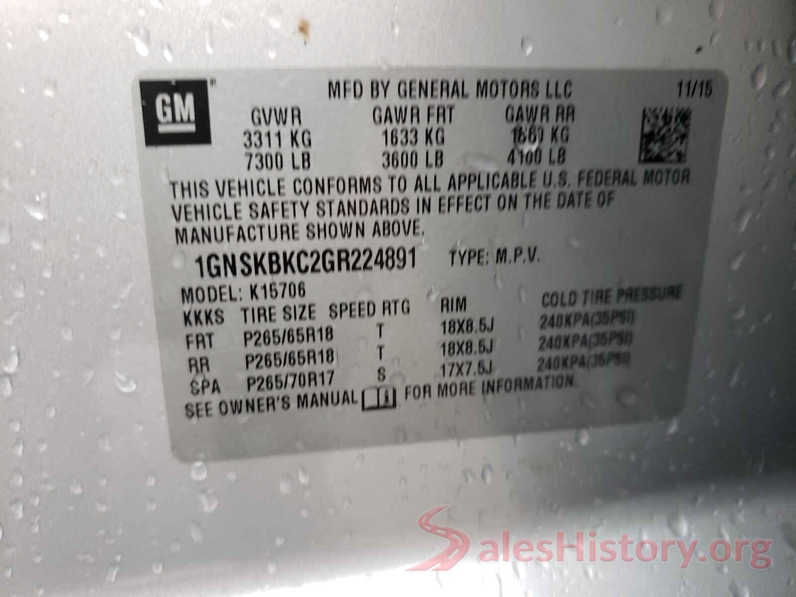 1GNSKBKC2GR224891 2016 CHEVROLET TAHOE