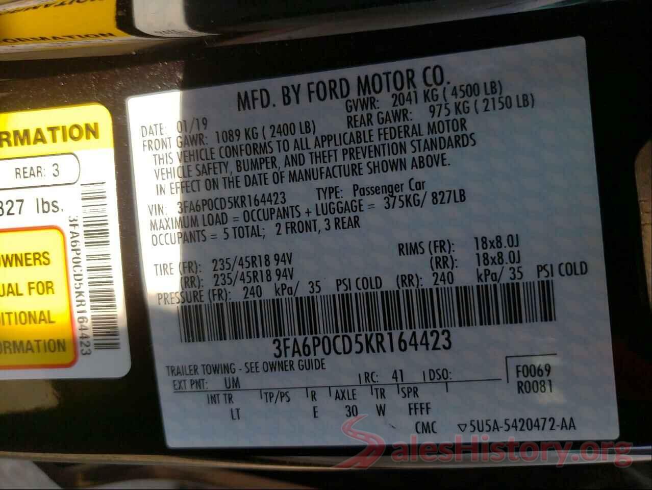 3FA6P0CD5KR164423 2019 FORD FUSION