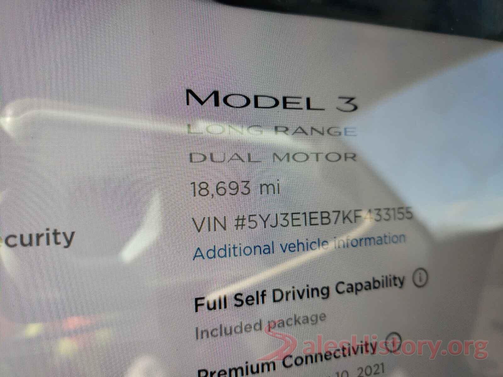 5YJ3E1EB7KF433155 2019 TESLA MODEL 3