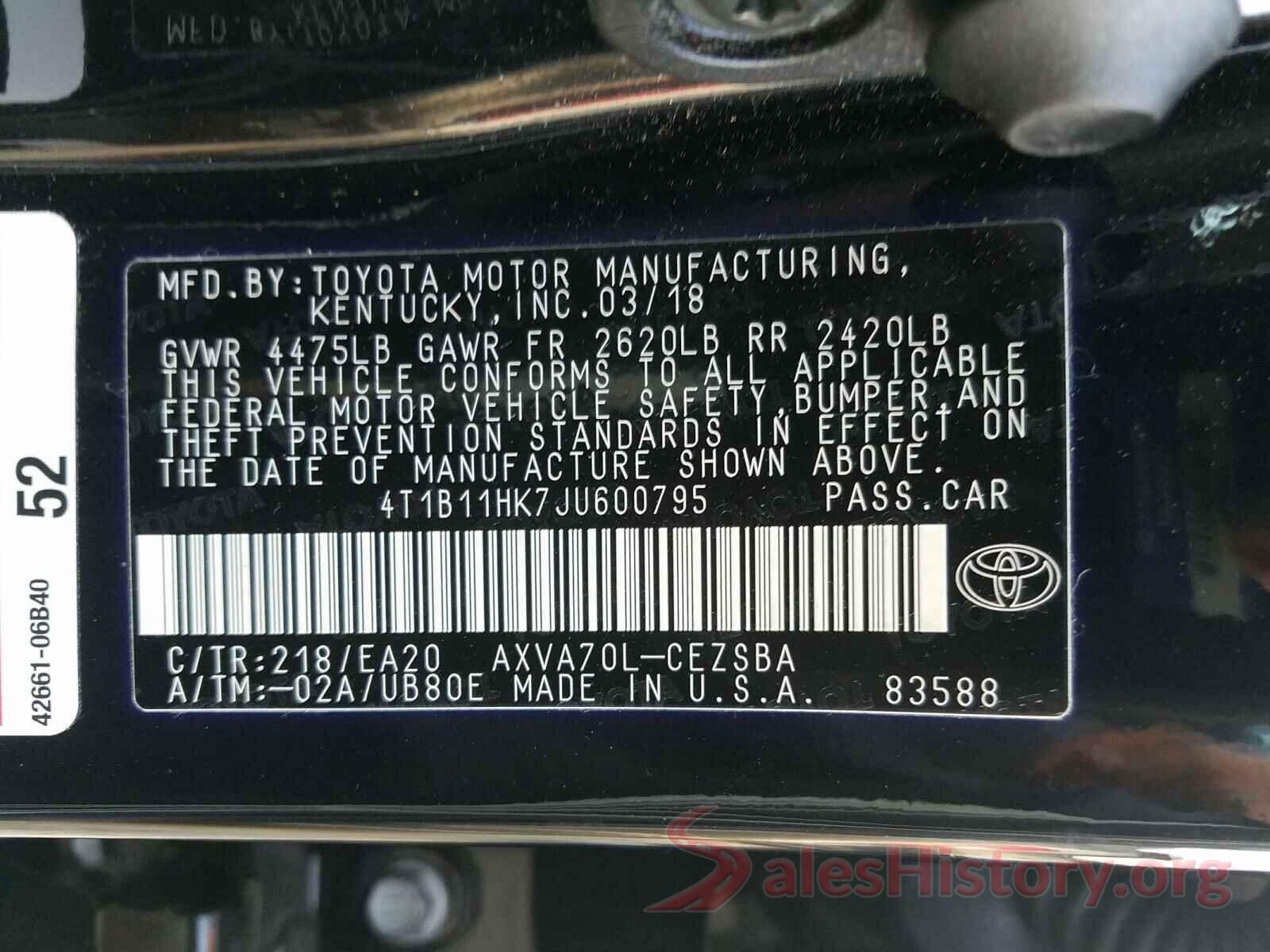 4T1B11HK7JU600795 2018 TOYOTA CAMRY