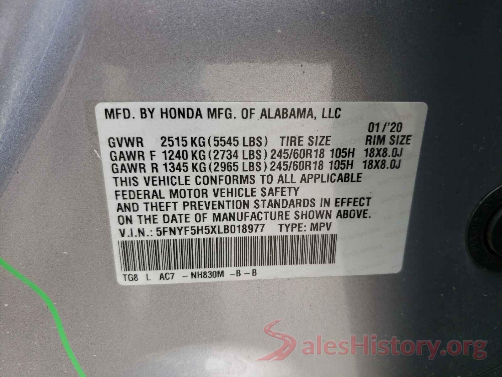 5FNYF5H5XLB018977 2020 HONDA PILOT