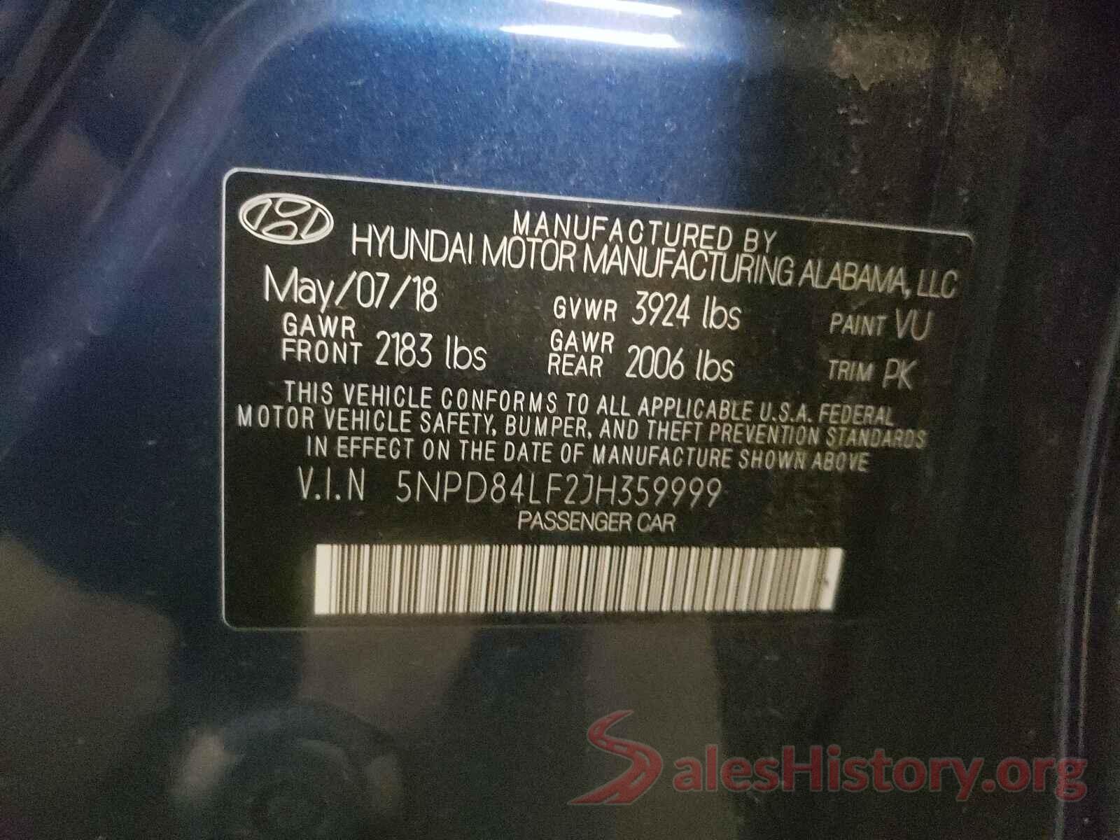 5NPD84LF2JH359999 2018 HYUNDAI ELANTRA