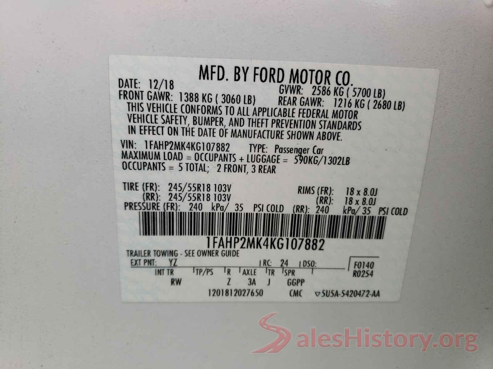 1FAHP2MK4KG107882 2019 FORD TAURUS