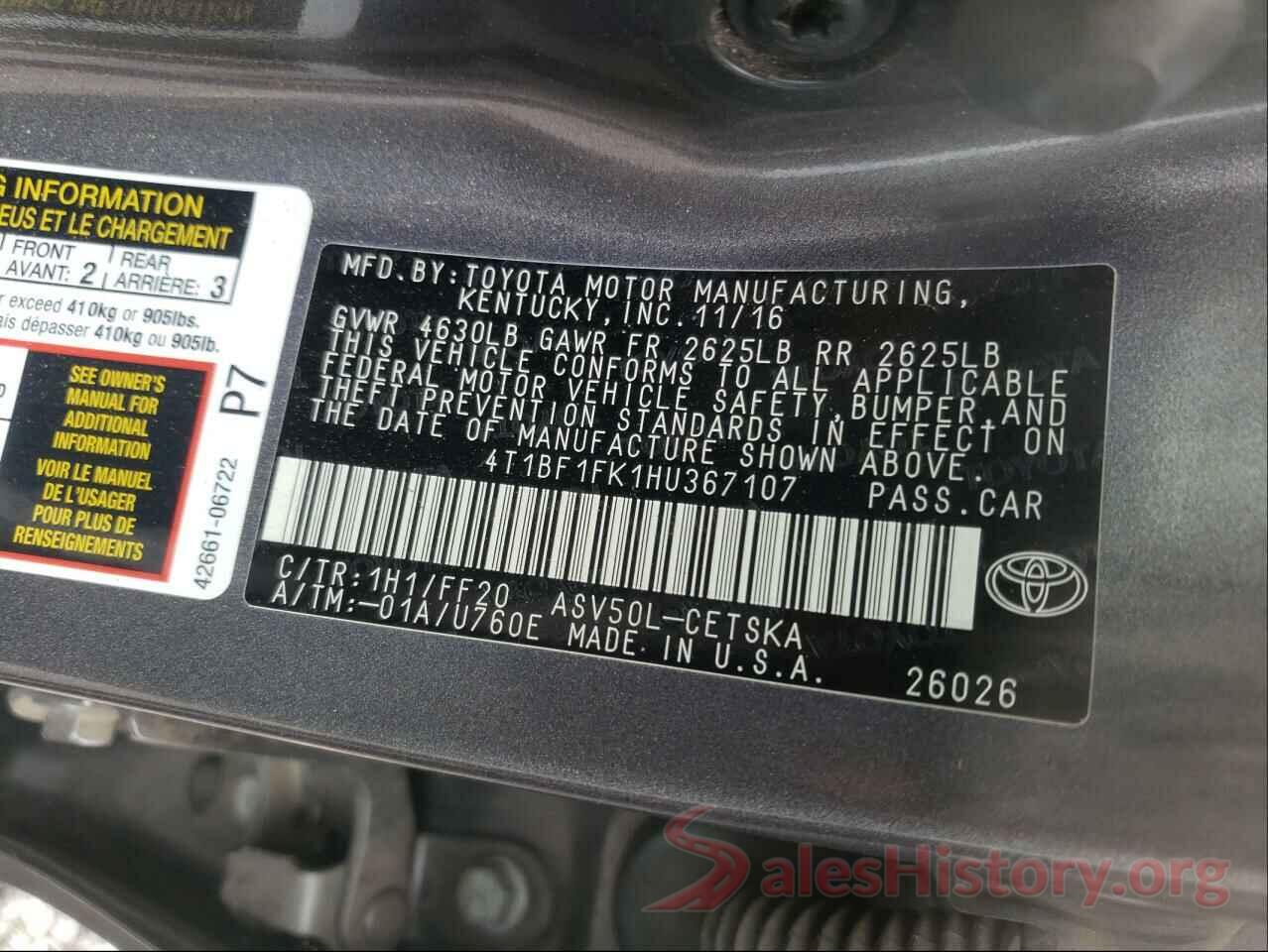 4T1BF1FK1HU367107 2017 TOYOTA CAMRY