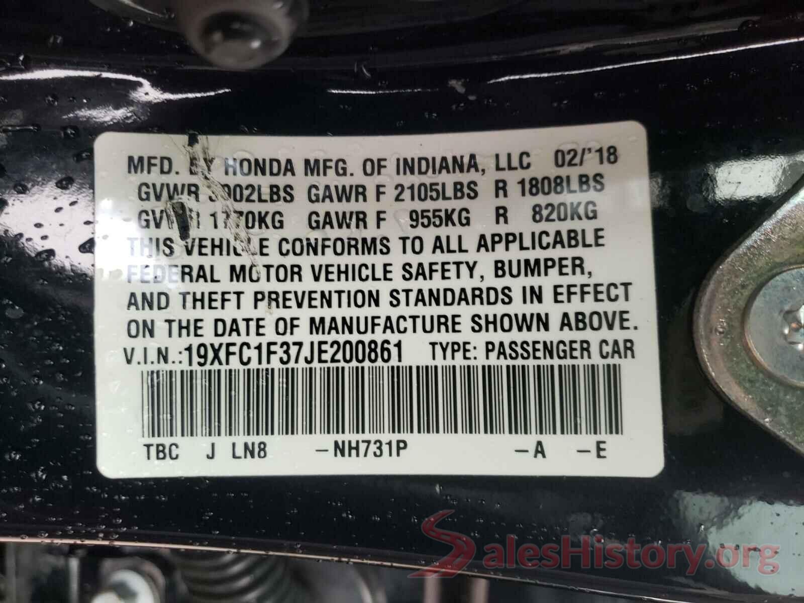 19XFC1F37JE200861 2018 HONDA CIVIC