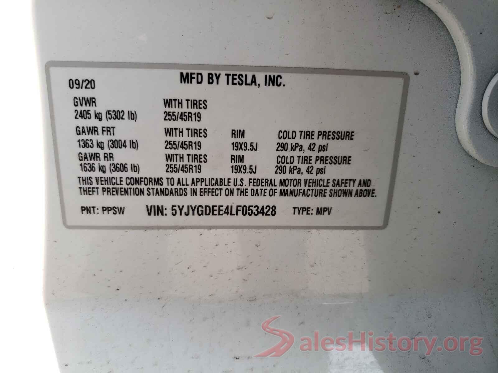 5YJYGDEE4LF053428 2020 TESLA MODEL Y