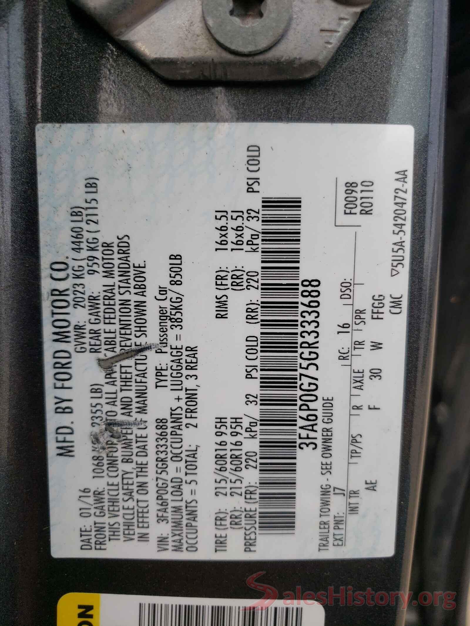 3FA6P0G75GR333688 2016 FORD FUSION