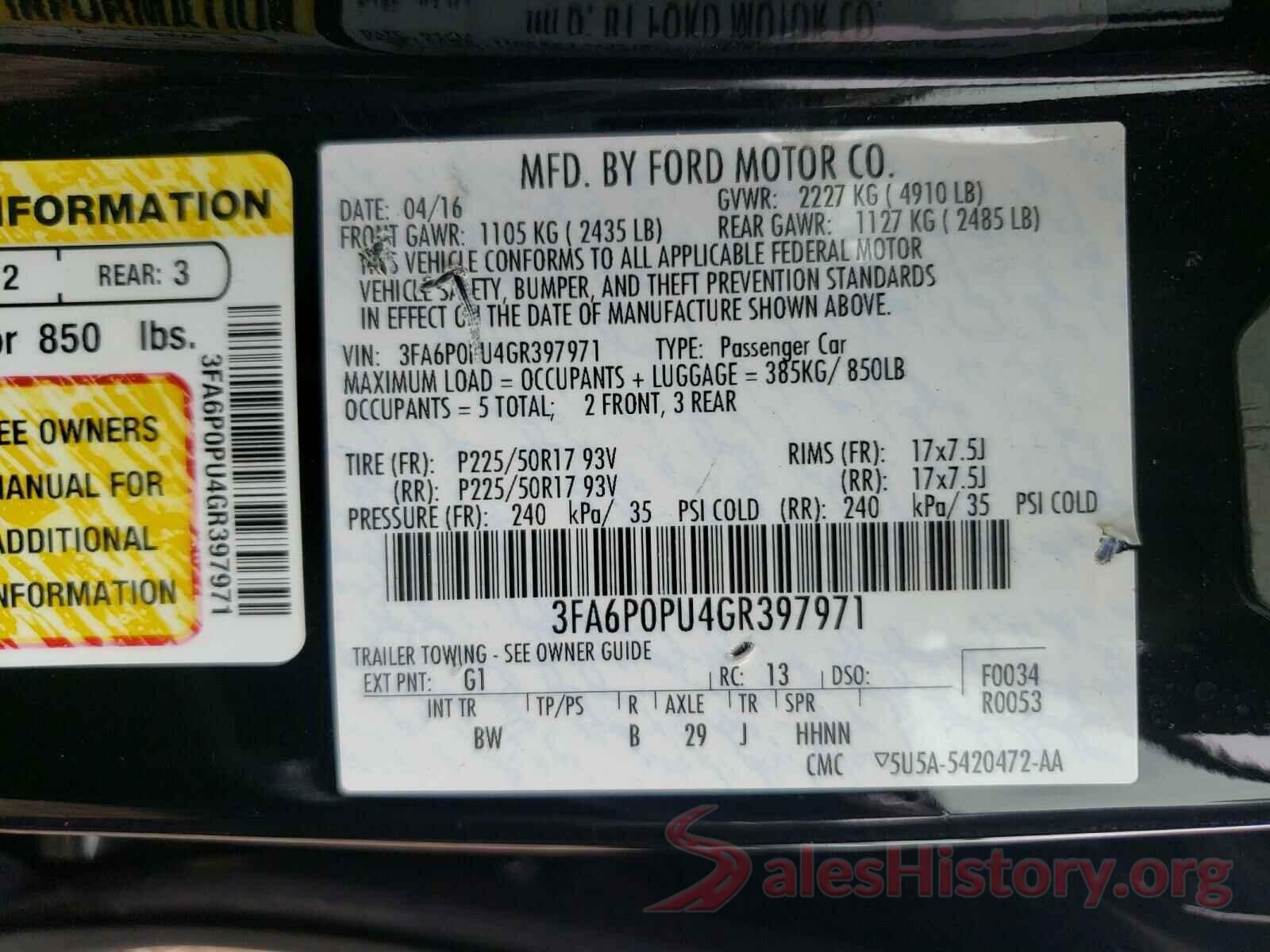 3FA6P0PU4GR397971 2016 FORD FUSION