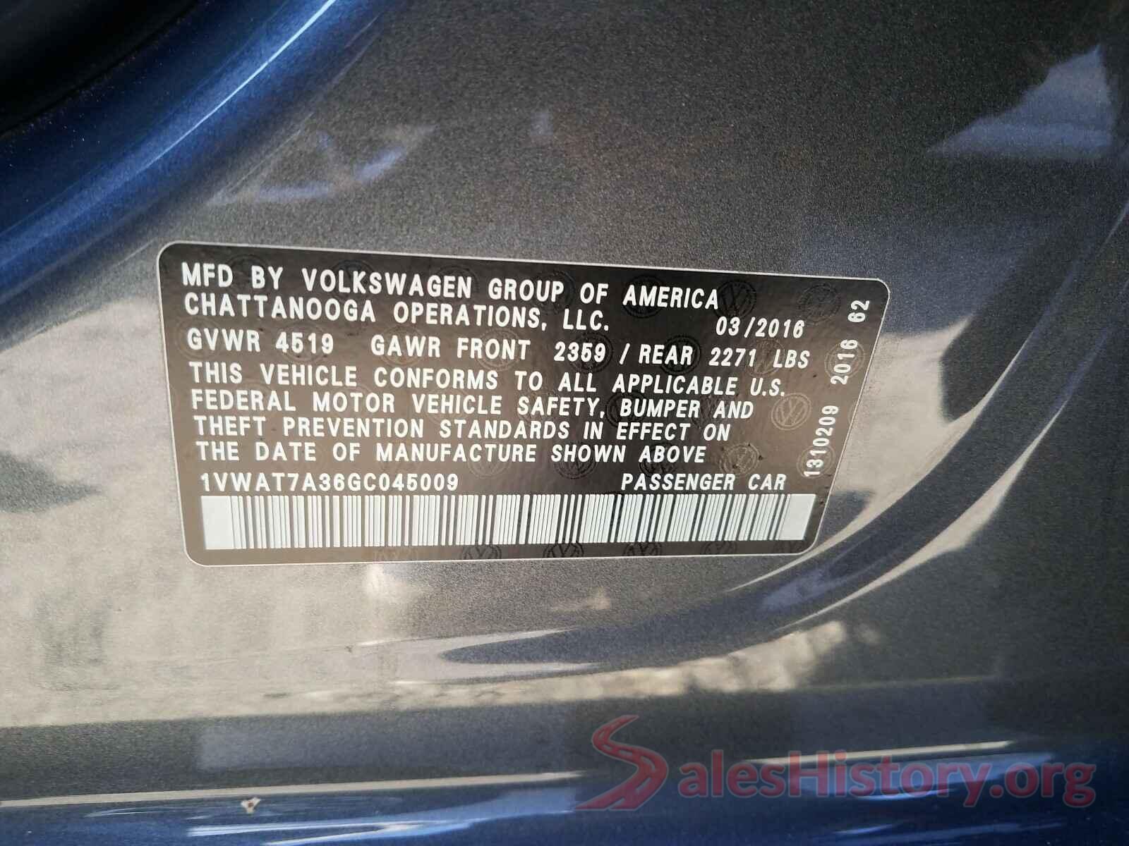 1VWAT7A36GC045009 2016 VOLKSWAGEN PASSAT