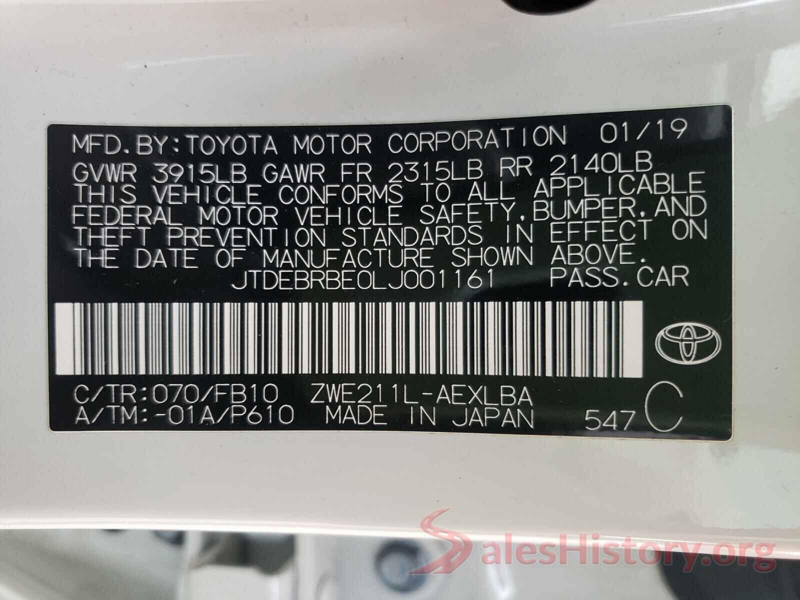 JTDEBRBE0LJ001161 2020 TOYOTA COROLLA