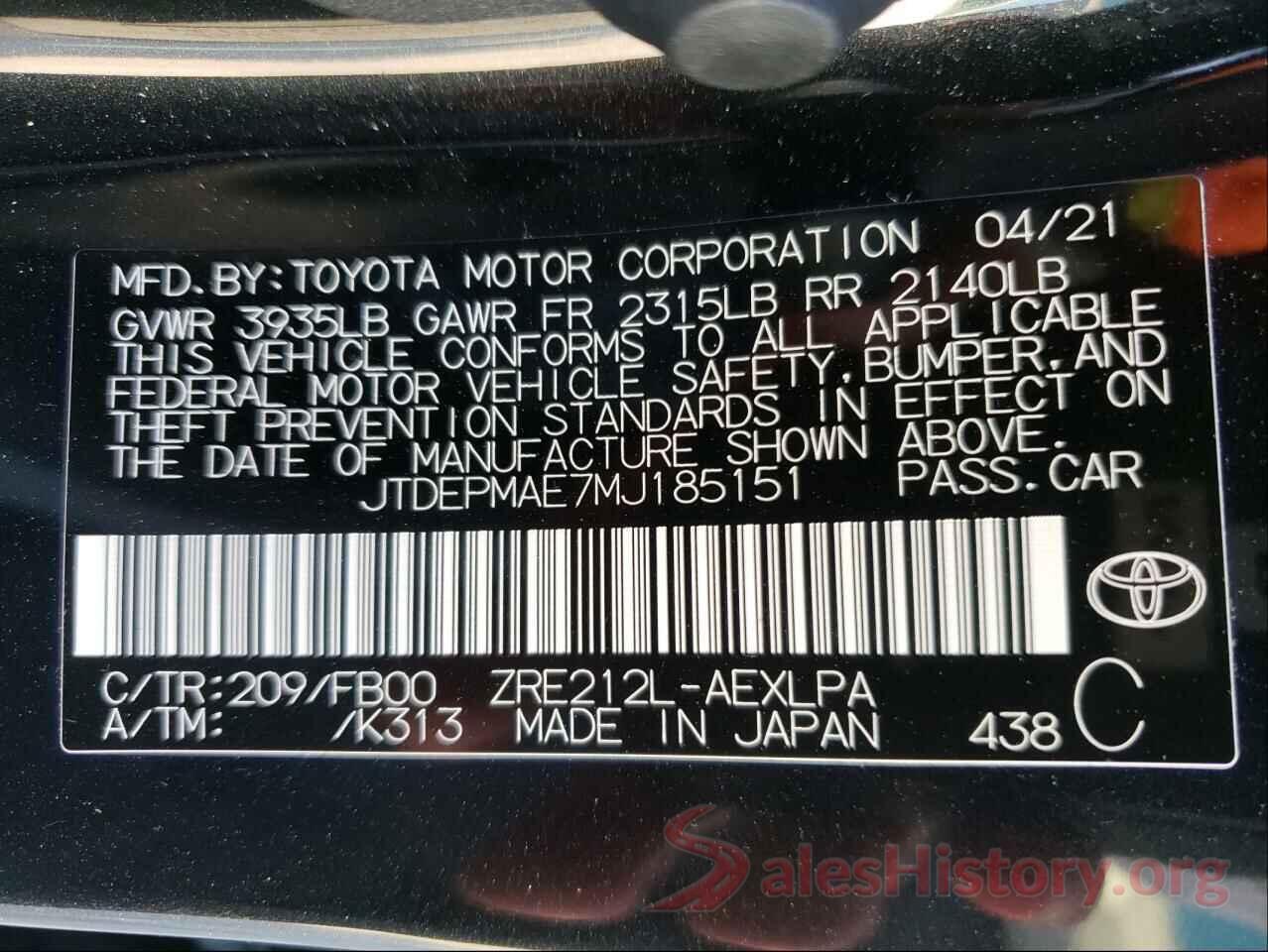 JTDEPMAE7MJ185151 2021 TOYOTA COROLLA