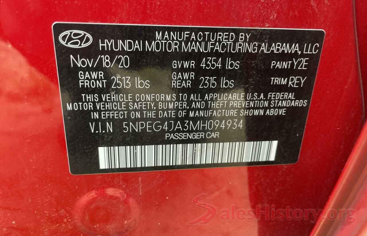 5NPEG4JA3MH094934 2021 HYUNDAI SONATA