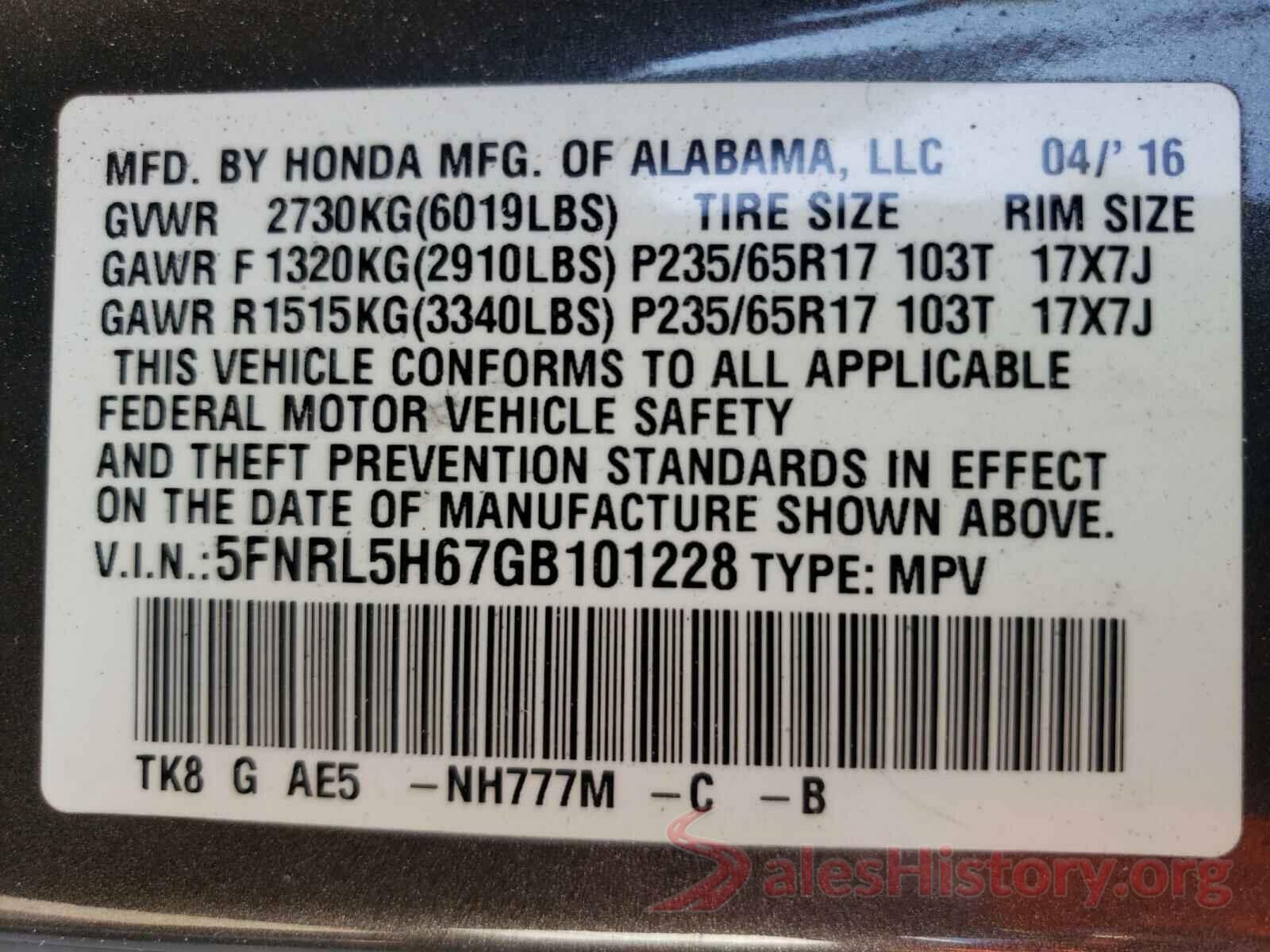 5FNRL5H67GB101228 2016 HONDA ODYSSEY