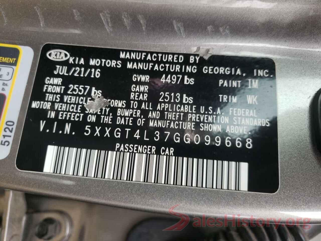 5XXGT4L37GG099668 2016 KIA OPTIMA