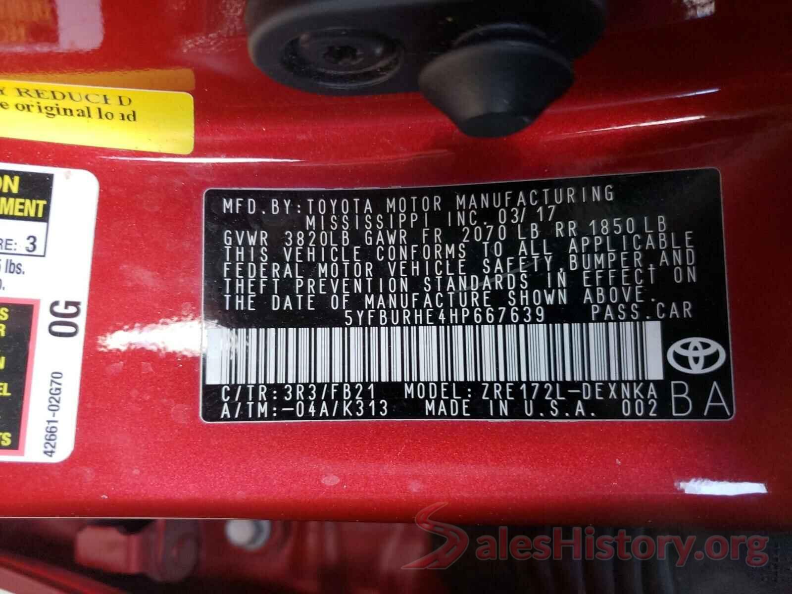 5YFBURHE4HP667639 2017 TOYOTA COROLLA