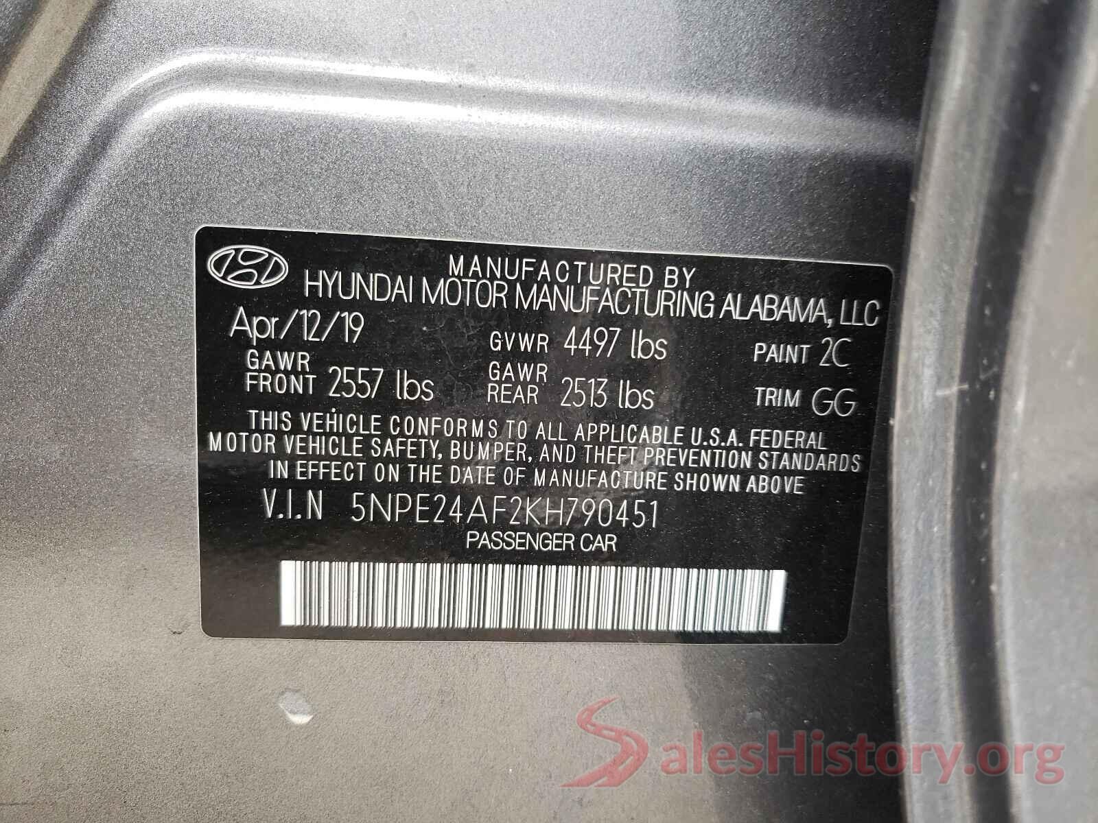 5NPE24AF2KH790451 2019 HYUNDAI SONATA